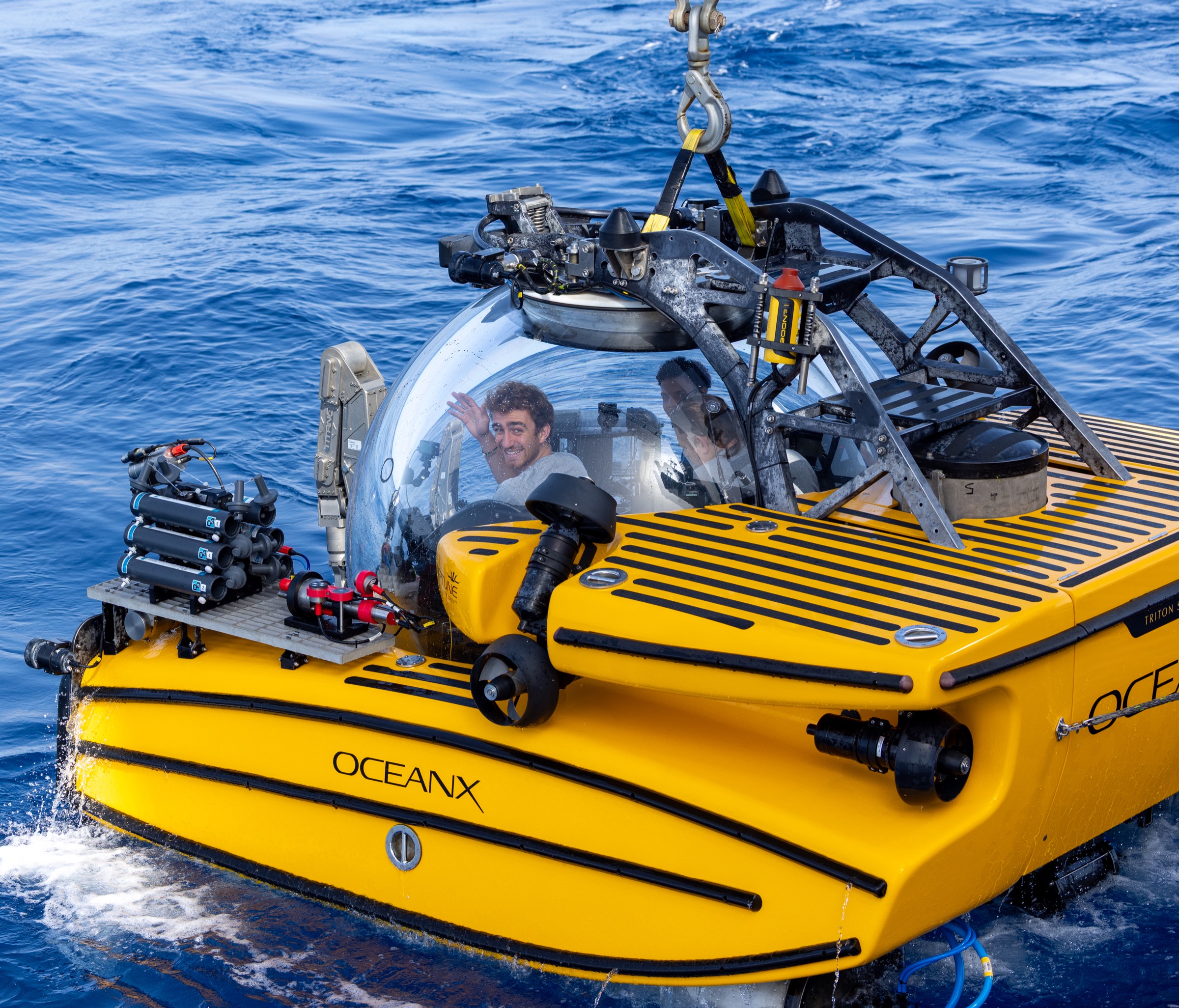 Filippo Varini in a submersible descending into the deep ocean